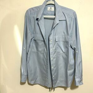 Babaton blue and white pinstripe blouse 2024, tab sleeves, pockets, EUC medium